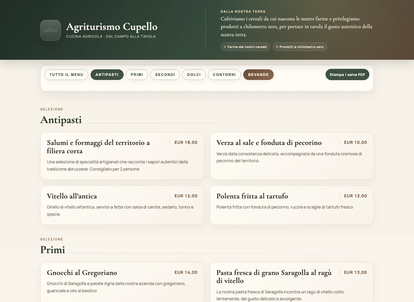 Menu QR di Agriturismo Cupello con categorie, piatti, descrizioni e prezzi